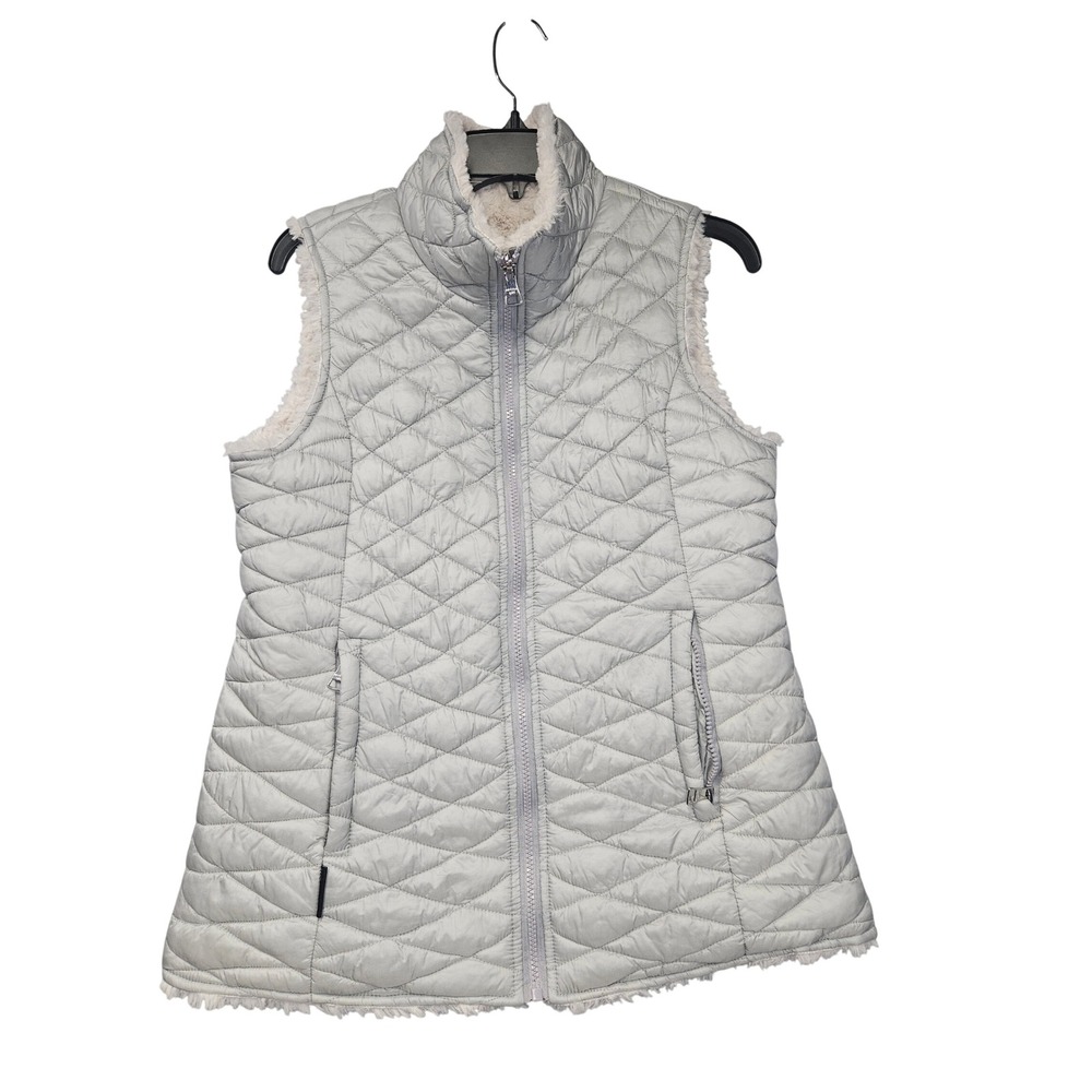 Madden Girl Reversible Puffer Vest Grey Quilted Faux Fur Cream Zip Up Women M